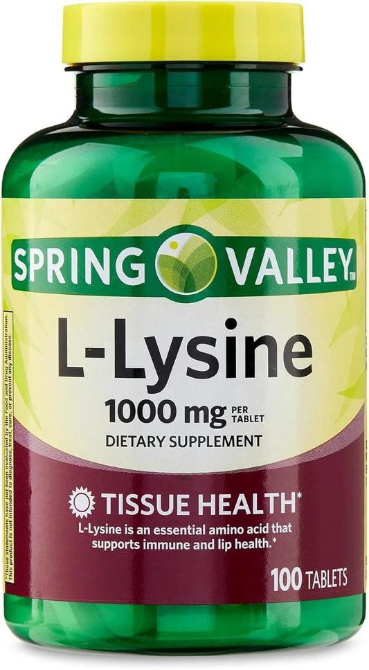 L Lysine 1000mg Tablets, 100 Count, Super Lysine Immune Support & Healthy Skin* by Spring Valley (Pack of 1)_+Sticker