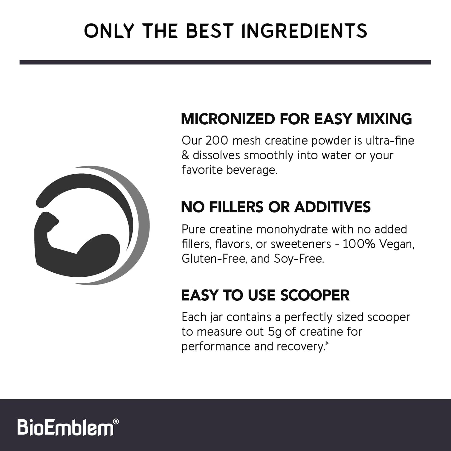 BioEmblem Creatine Monohydrate Powder - Micronized, Unflavored, 5000mg Per Serving(5g) - Supports Muscle Strength, Workout Recovery & Performance Creatine Supplement- Vegan, Non-GMO, 60 Servings
