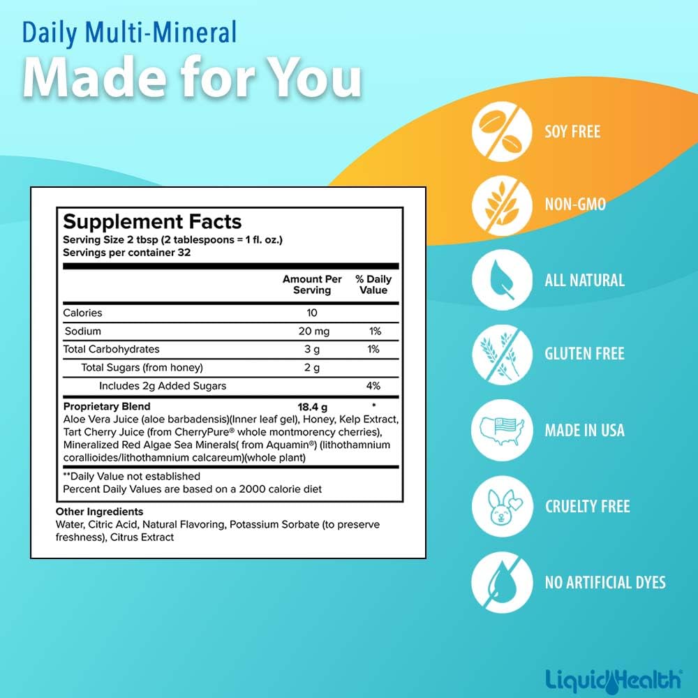 LIQUIDHEALTH Daily Multi Mineral Liquid Supplement with Fulvic Acid, Plant Based Ionic Aquamin Sea Trace Ocean Minerals - Immune Support, Energy, Gut Health, Detox - Vegetarian (32 oz)