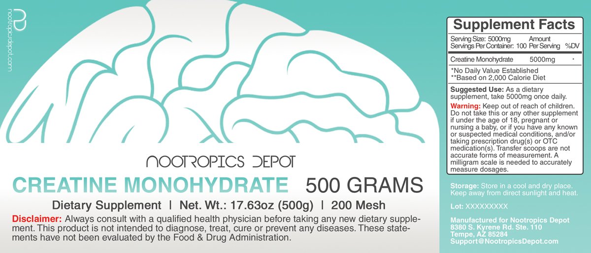 Nootropics Depot Creatine Monohydrate 200 Mesh Powder 500 Grams