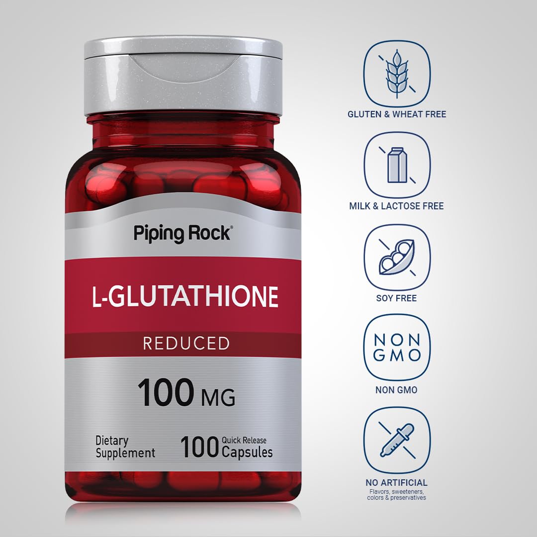 Piping Rock L Glutathione Supplement | 100 mg | 100 Capsules | Reduced Form | Non-GMO, Gluten Free