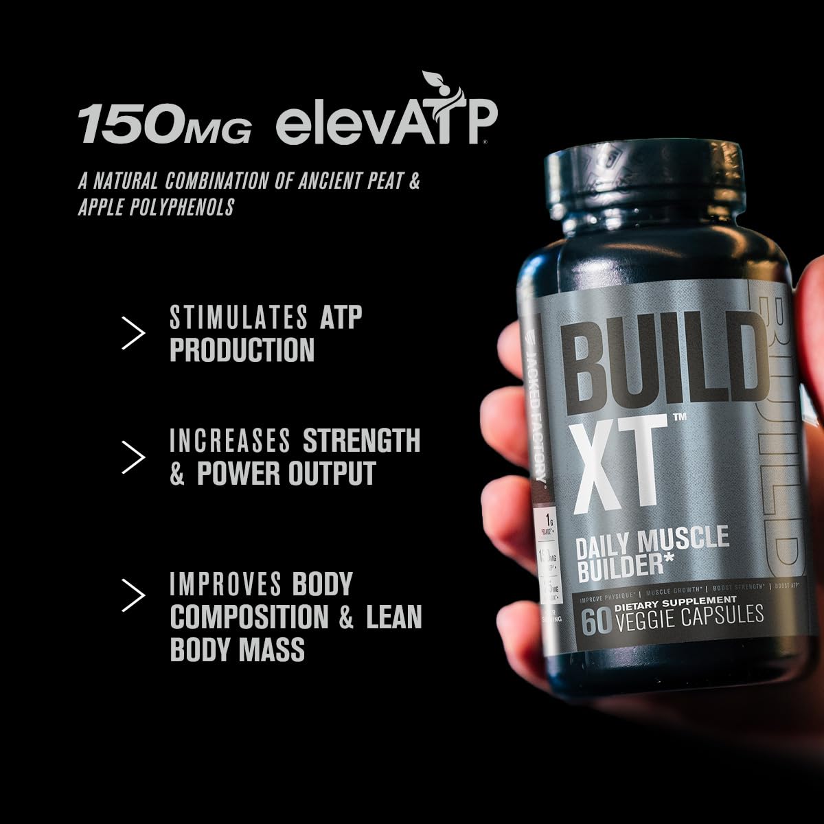 Jacked Factory Build-XT Daily Muscle Builder & Performance Enhancer - Muscle Building Supplement for Muscular Strength & Growth | Trademarked Ingredients Peak02, ElevATP, & Astragin - 60 Veggie Pills