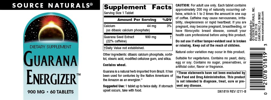 Source Naturals Guarana Energizer, Dietary Supplement - Supports A Long Lasting Energy Boost* 900 mg - 60 Tablets