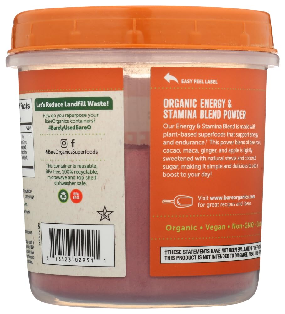 BareOrganics Energy & Stamina Blend Powder, Organic Superfood, Vegan Dietary Supplement, 8 Ounces
