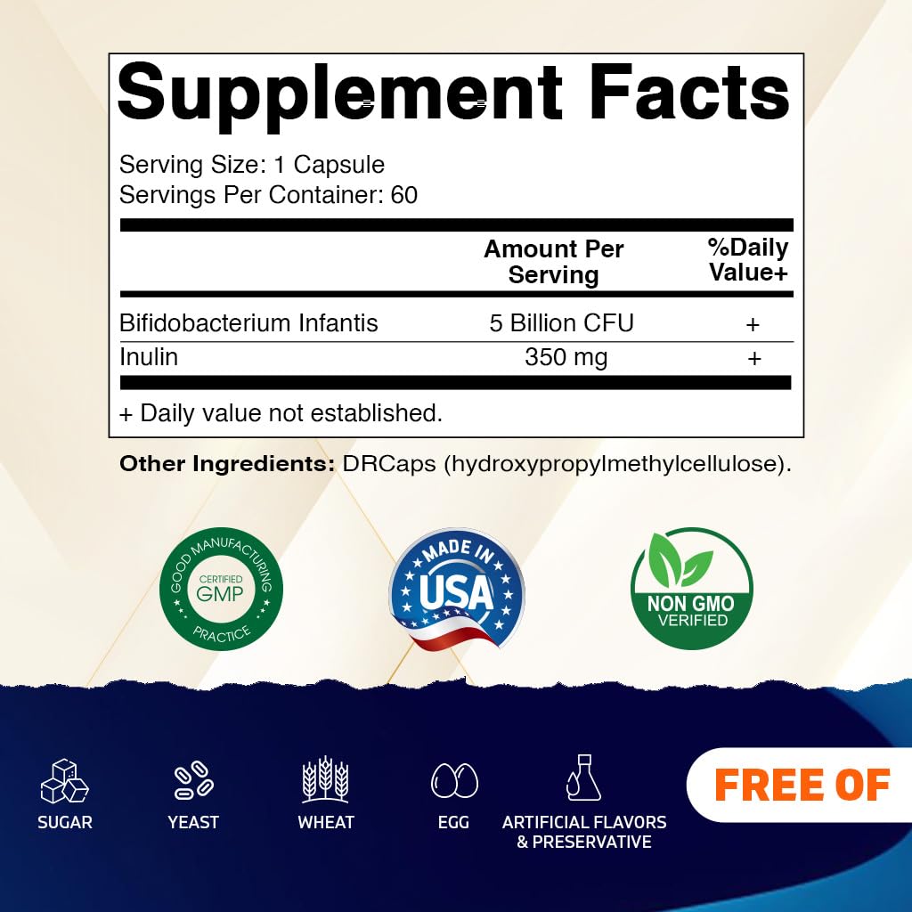 Vitamatic Bifidobacterium Infantis - 5 Billion per DR Capsule - 60 Count - Digestive Support - Made with Prebiotic Inulin Fiber