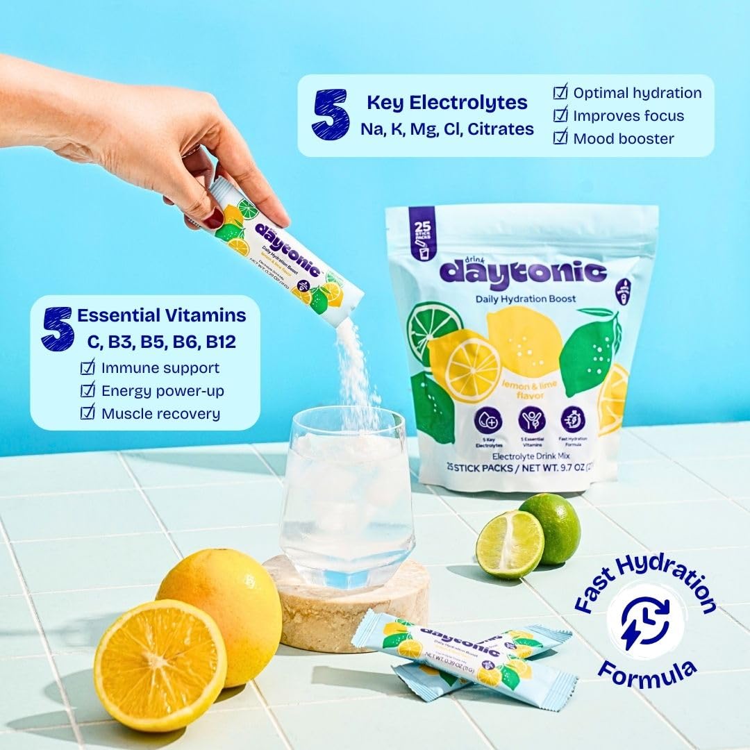 DRINK DAYTONIC Hydration Powder Electrolytes, 25 Servings | Vitamins C, B12 & B6, Niacin, 480mg Sodium & More | Low Calorie & Aspartame-Free Electrolyte Drink Mix | Lemon Lime IV Hydration Packets