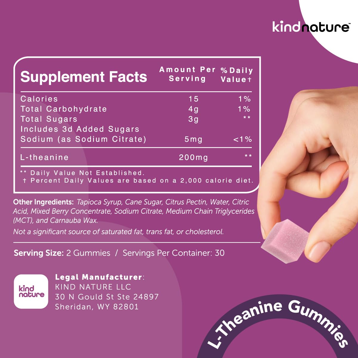 Kind Nature L-Theanine Gummies 200mg - Vegan Relaxation & Focus Supplement for Adults & Kids Ages 4+ - Low Calorie Stress Relief Gummies for Calm, Clarity & Anxiety Support - Mixed Berry Chewable