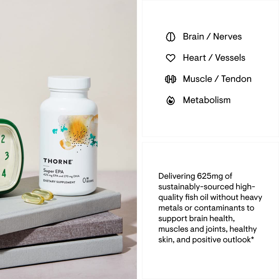 THORNE Super EPA - Omega-3 Fatty Acids EPA 425mg & DHA 270mg Supplement - Support Brain, Cardiovascular, Joints & Skin* - Gluten, Dairy & Soy-Free - 90 Gelcaps