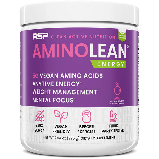 RSP NUTRITION AminoLean Natural Pre Workout Powder, Sucralose Free Amino Energy with No Artificial Dyes, Vegan BCAAs and Weight Management, Acai, 25 Serv
