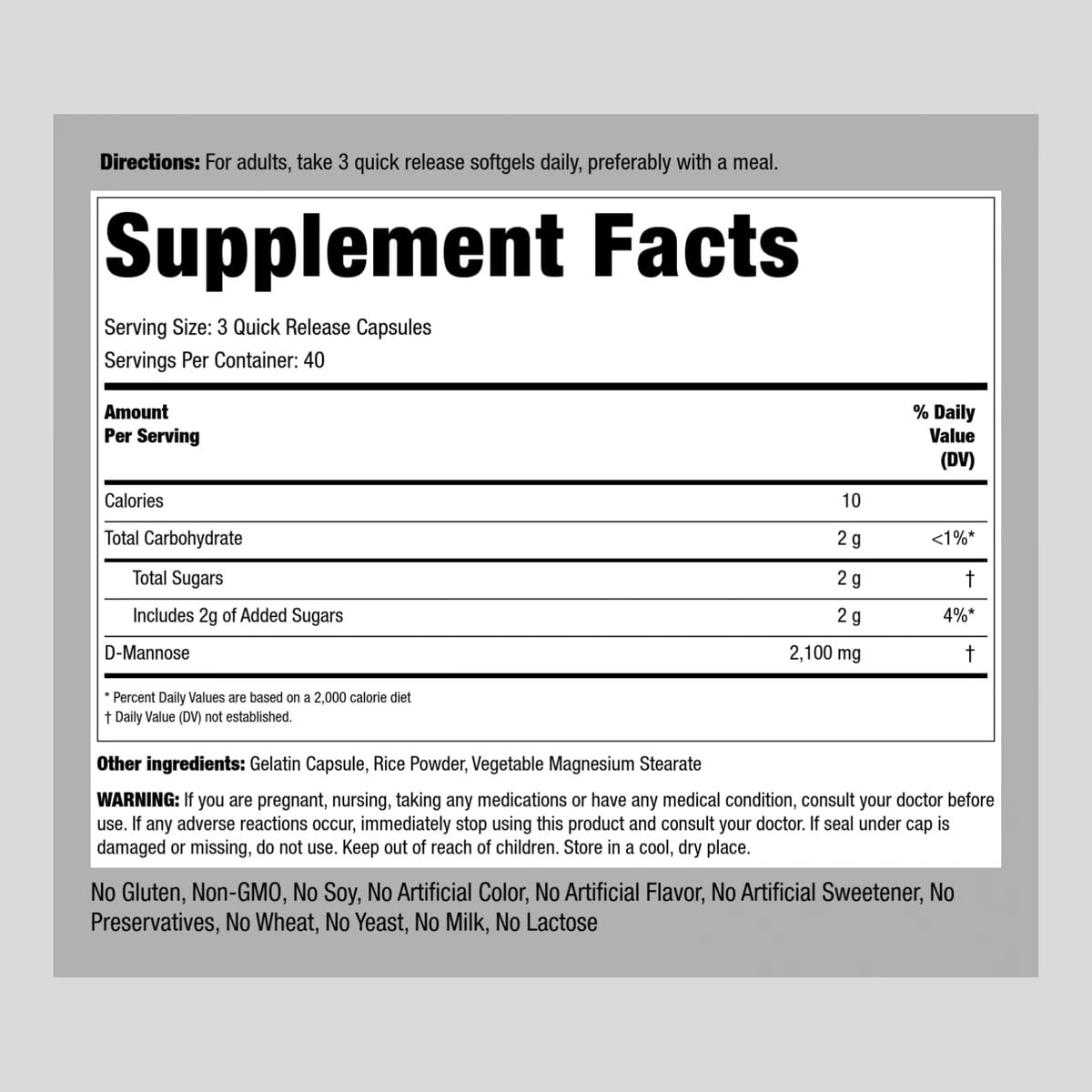 Piping Rock D-Mannose Capsules | 2100 mg | 120 Pills | Premium Dietary Supplement | Non-GMO, Gluten Free