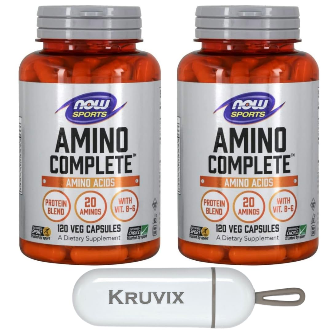 NOW Foods Sports Nutrition, Amino Complete™ | Protein Blend with 21 Aminos and B-6 | 120 Veg Capsules - Pack of 2 with Pill Organizer