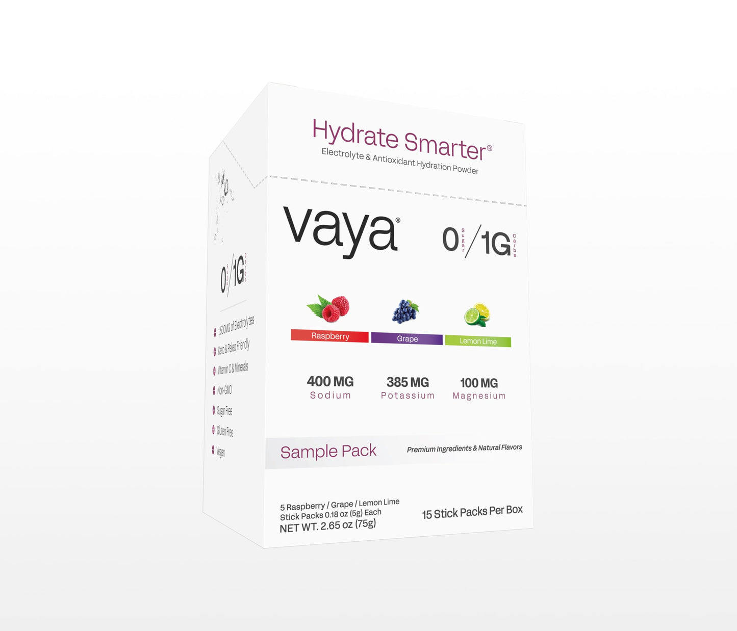 Vaya Zero Sugar Premium Hydration Electrolyte Powder | Variety Pack | 15 Stick Packs | 1G Carbs, 1,500MG Electrolytes, Vitamin C & Antioxidants | 3 Flavors | Raspberry, Grape & Lemon Lime