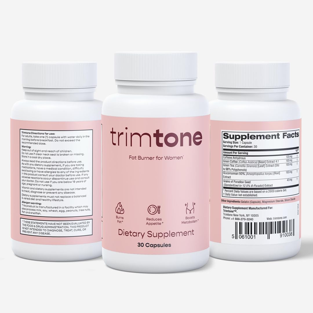 TRIMTONE Weight Loss Pills Women Mood Boosting Formula, Appetite Suppressant & Detox Cleanse Fat Burners for Women, Diet Pills That Work Fast for Women, Optimal for Belly Fat - 30 Capsules (1 Per Day)