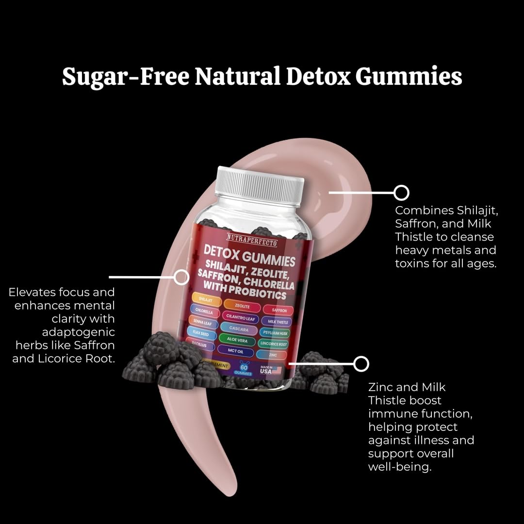 Sugar Free Zeolite Detox Gummies Shilajit Saffron Probiotics Chlorella Psyllium Husk Saffron Senna Leaf Magnesium Citrate Zinc Milk Thistle Heavy Metal Kids Adults Energy and Focus