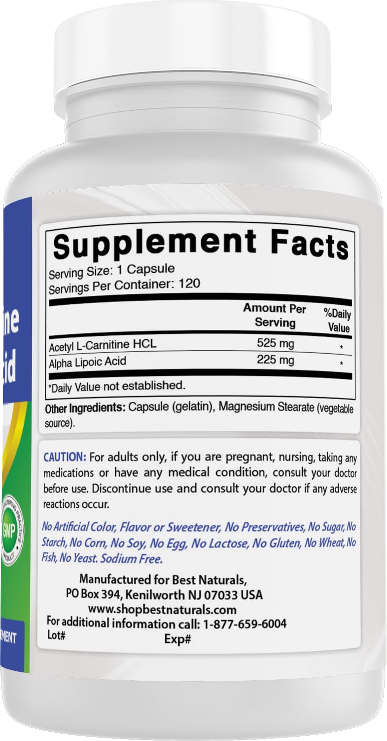 Best Naturals Acetyl L-Carnitine and Alpha Lipoic Acid 750 mg 120 Capsules (120 Count (Pack of 2))