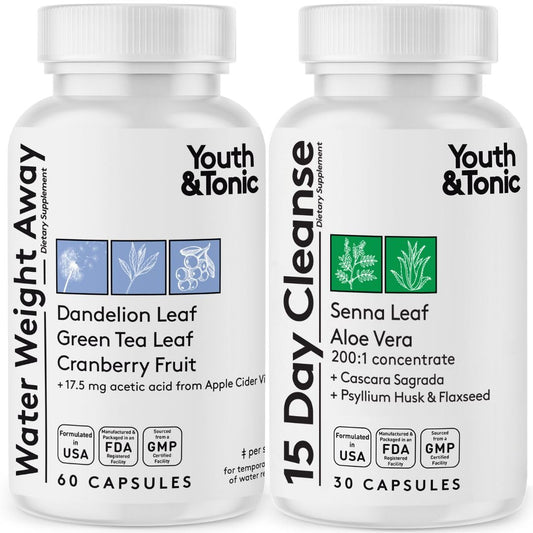 Youth & Tonic Jumpstart Cleanse - Water Weight Away Pills & 15 Day Colon Detox & Gut Cleanser for Bloating, Energy, and Metabolism Support - Aids in Shedding Excess Fluids for a Lighter Body - 90 Caps