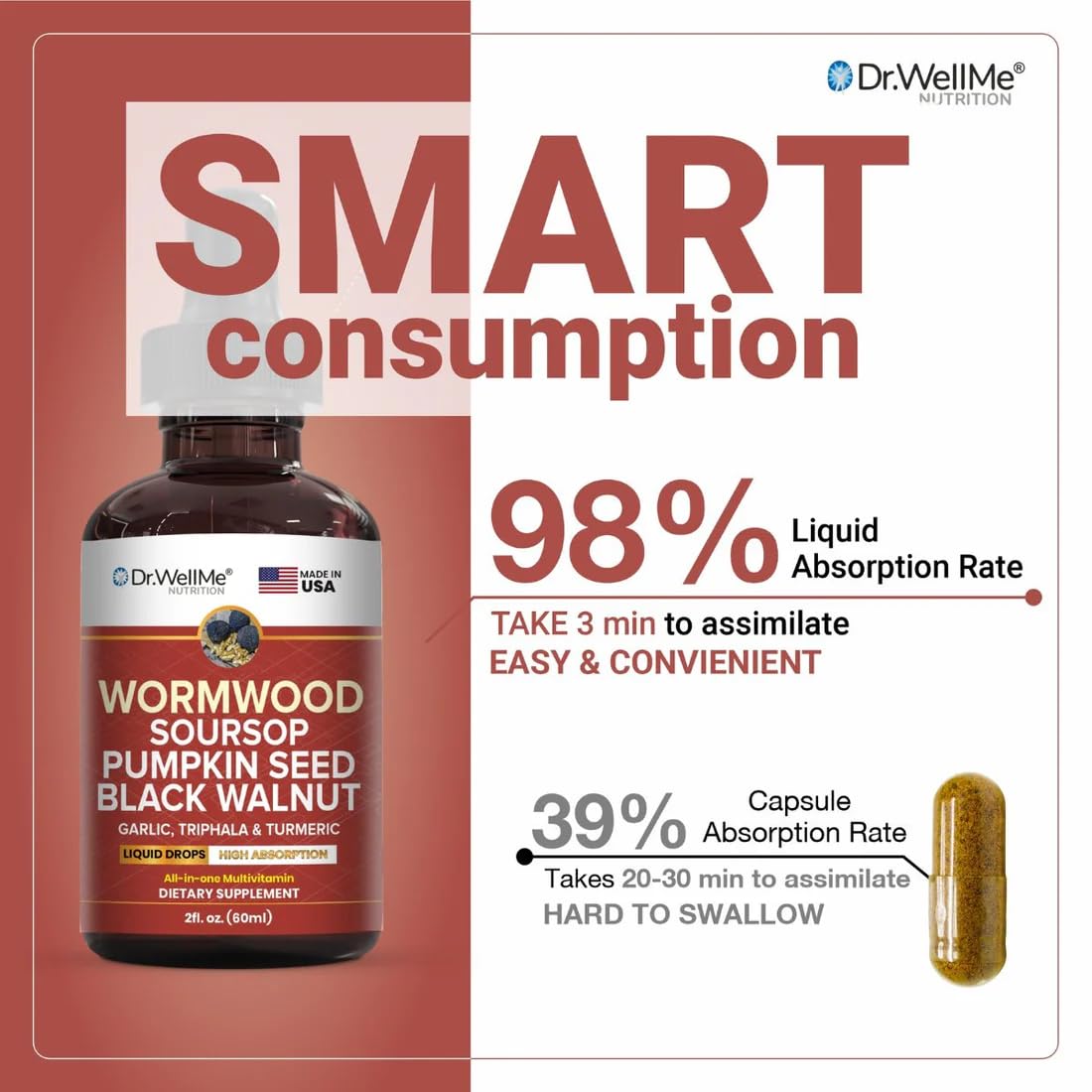 Dr.WellMe Wormwood Soursop Liquid Drops (2 fl oz, 60 ml) | Pumpkin Seeds, Black Walnut | Garlic, Triphala, Turmeric | Immune Boost, Digestive Health & Detox Support