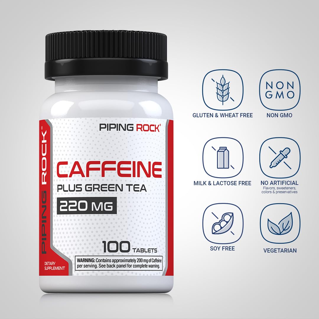 Piping Rock Caffeine Pills 200mg | 100 Tablets | with Green Tea Extract | Non-GMO, Gluten Free Supplement