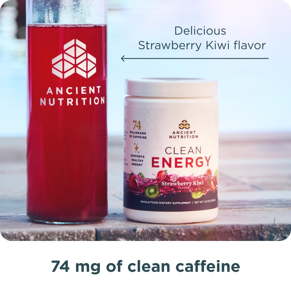 Ancient Nutrition Clean Energy Powder, Strawberry Kiwi, Supports Healthy Energy and Cognitive Health, Promotes Mental Alertness and Focus, 30 Servings