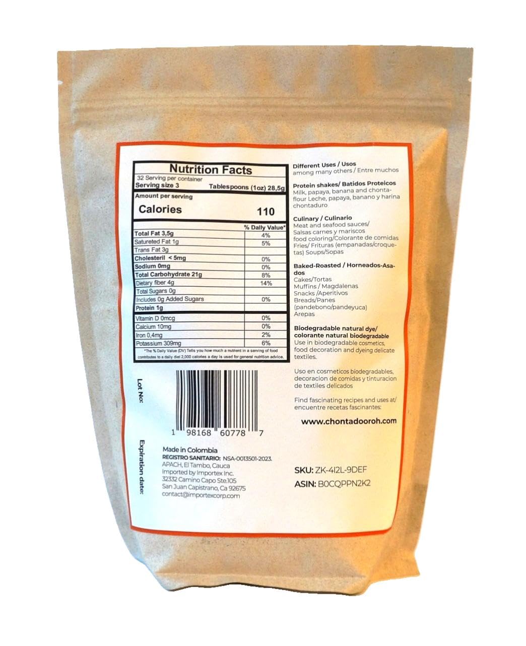Chontaduro Powder | Peach Palm Fruit Powder | 100% Natural | Protein Powder | Rich in Omega 3 6 9, Fiber & Digestive Enzymes | Superfood for Gut Health & Energy | 2 Lbs / 908g