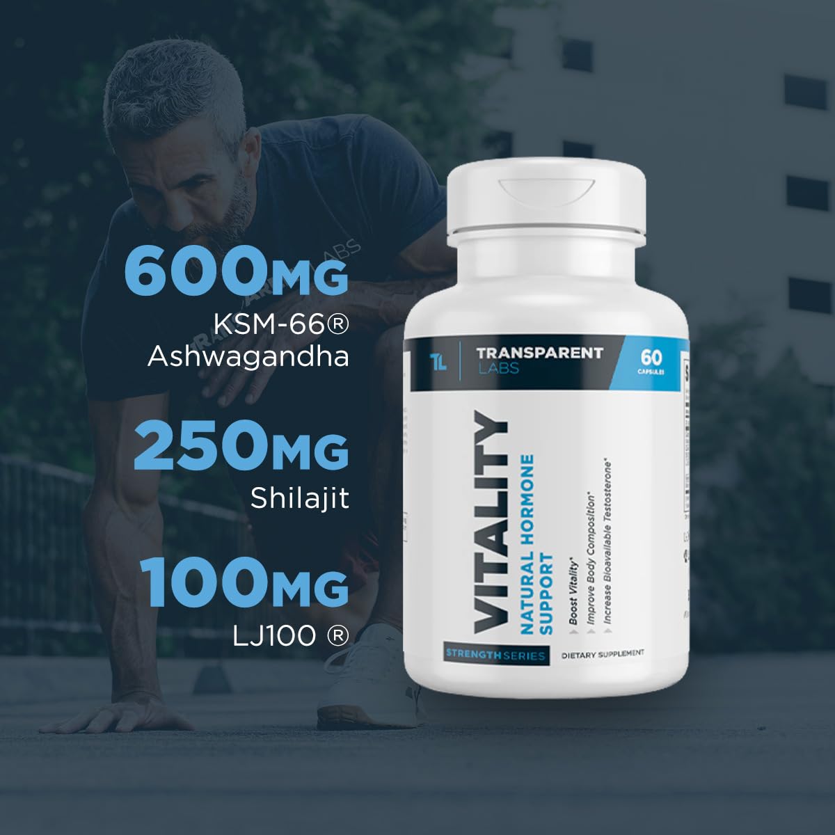 Transparent Labs Vitality Testosterone Booster - Testosterone Supplement for Men with Ashwagandha KSM-66, PrimaVie Shilajit Extract, & DIM to Support Vitality, & Bioavailable Testosterone - 60 Count