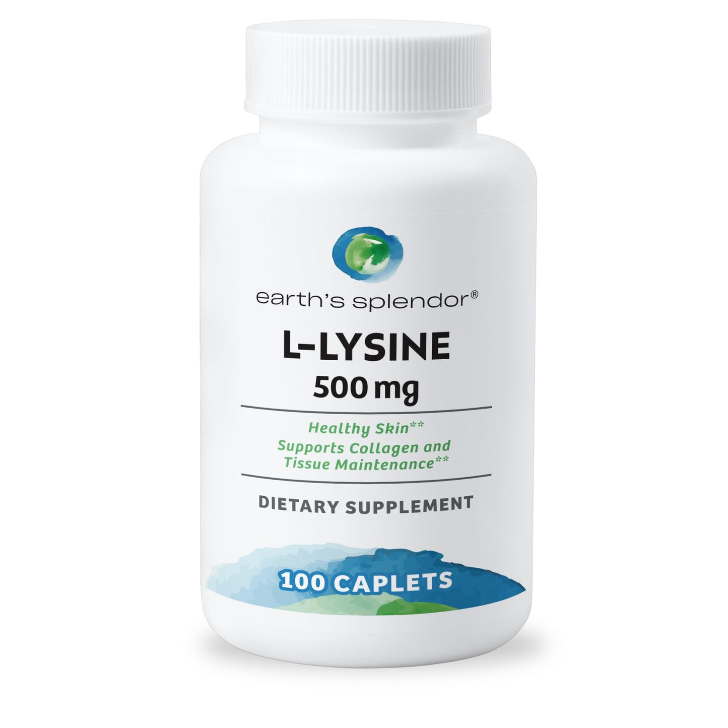 Earth's Splendor L-Lysine 500 mg Dietary Supplement for Men & Women, Supports Collagen & Tissue Maintenance (500 mg, 100 Caplets)