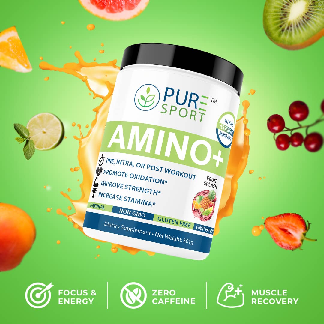 PURE® Amino+ Supports Active Lifestyles and Workout Performance. All 9 Essential Amino Acids & Arginine + Citrulline (501g, 30 Servings 1 Month Supply!) Fruit Splash Flavor!