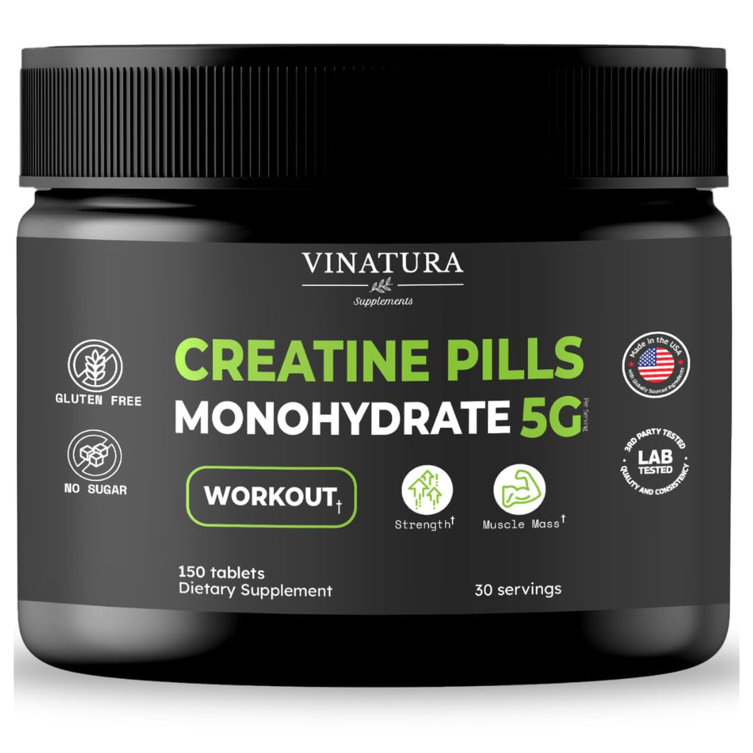 VINATURA Creatine Monohydrate Pills 5g - creatine Tablets, creatine Pills for Men, Women, creatina en capsulas *USA Made & Tested* Unflavored, creatine monohydrate Powder alt, 150 Tablets 30 Servings
