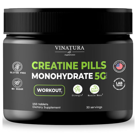 VINATURA Creatine Monohydrate Pills 5g - creatine Tablets, creatine Pills for Men, Women, creatina en capsulas *USA Made & Tested* Unflavored, creatine monohydrate Powder alt, 150 Tablets 30 Servings