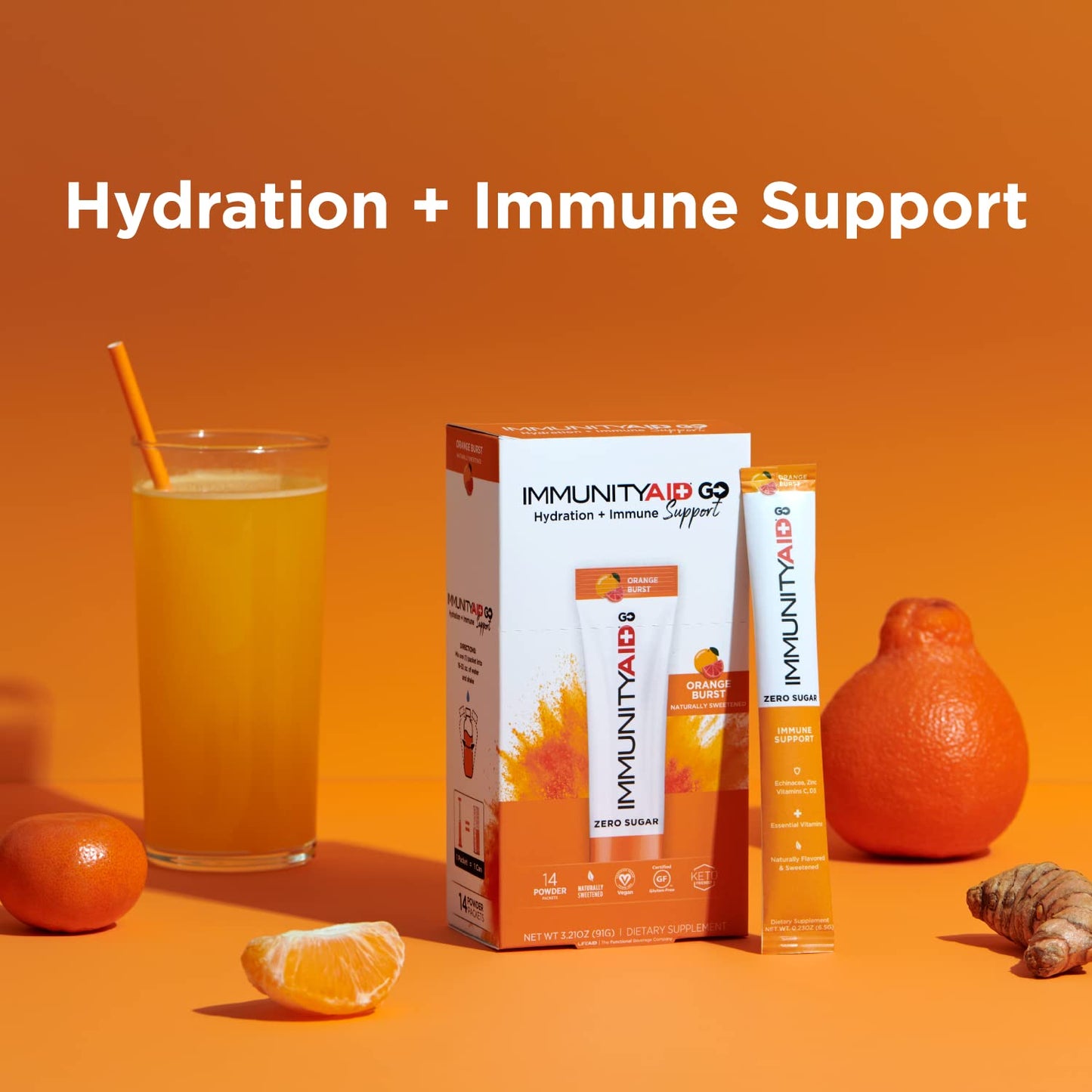LIFEAID IMMUNITYAID GO! Zero Sugar Immunity + Hydration Packet, Vitamin C, Echinacea, Zinc, Astragalus Root, Keto-friendly, Vegan & Gluten-Free, 5 calories, Naturally Sweetened, No Caffeine, 14 Pack