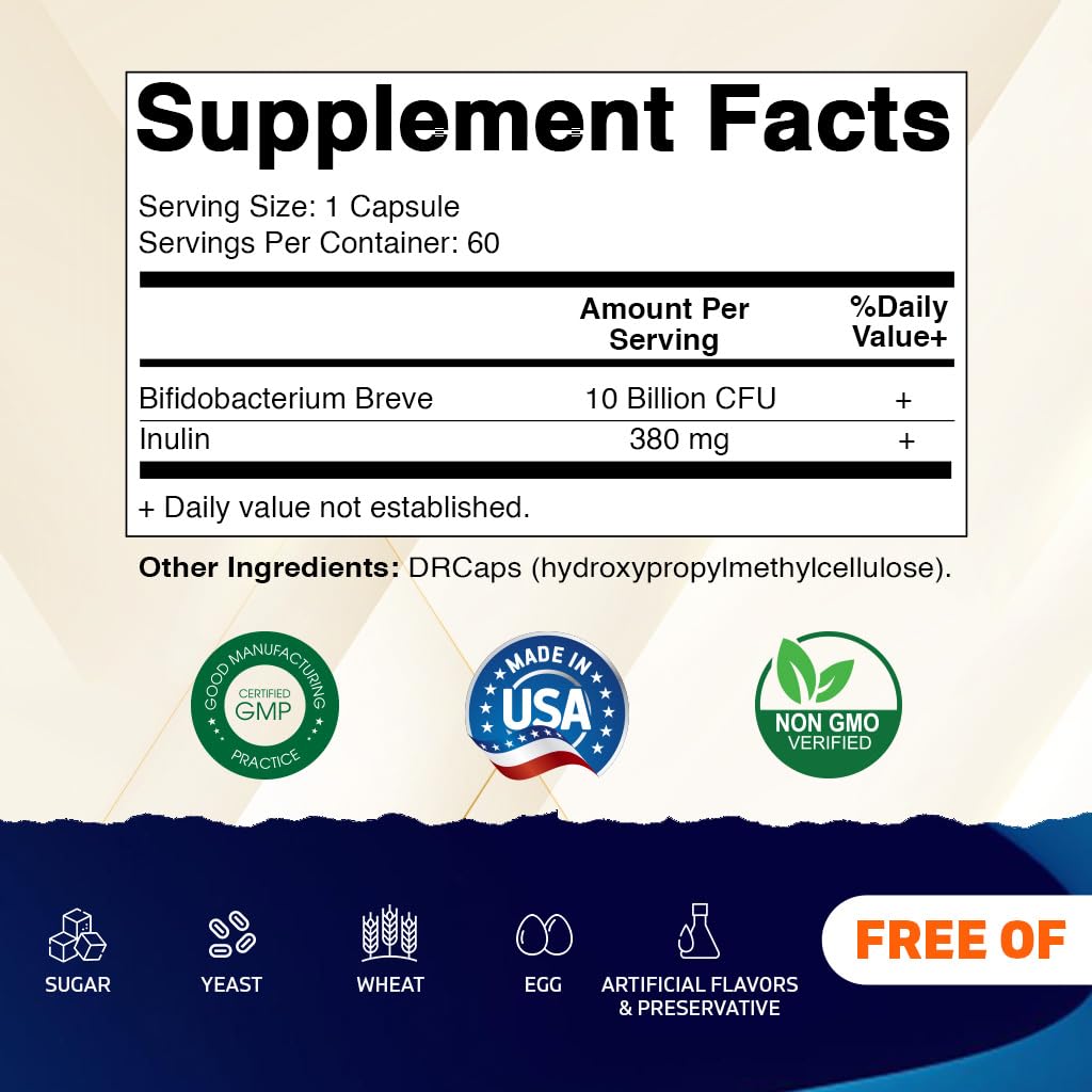 Vitamatic Bifidobacterium Breve - 10B per DR Capsule - 60 Count - Digestive Support - Made with Prebiotic Inulin Fiber