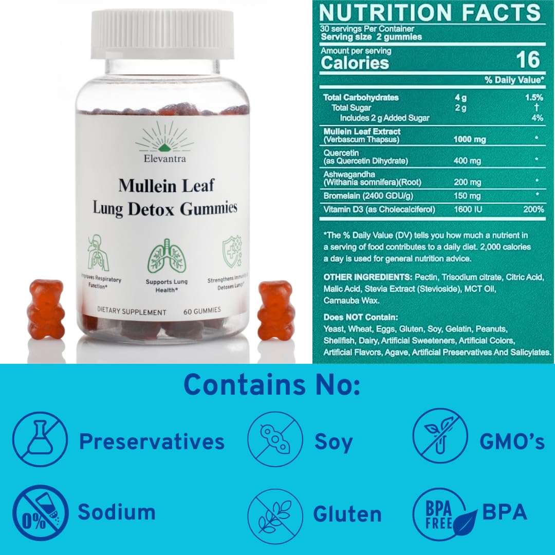 Mullein Leaf Lung Detox Gummies | Mullein Leaf Extract | Lung Detox for Smokers| Cleanser Detox | Mucus Relief | Mullein Extract | Lung Cleanse | Smoker Detox | Better Lungs | 1000 mg | Lung Health
