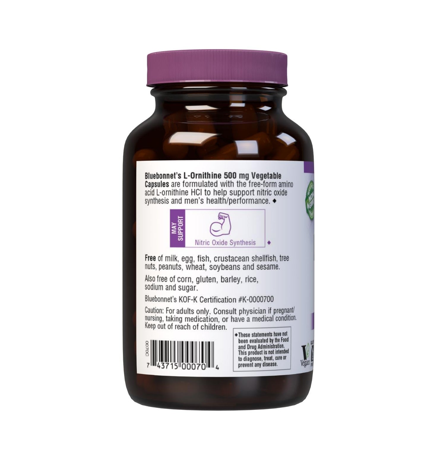 Bluebonnet Nutrition L-Ornithine 500mg, Free-Form Amino Acid, for Healthy Protein Metabolism*, Soy-Free, Gluten-Free, Non-GMO, Kosher Certified, Vegan, 100 Vegetable Capsules, 100 Servings