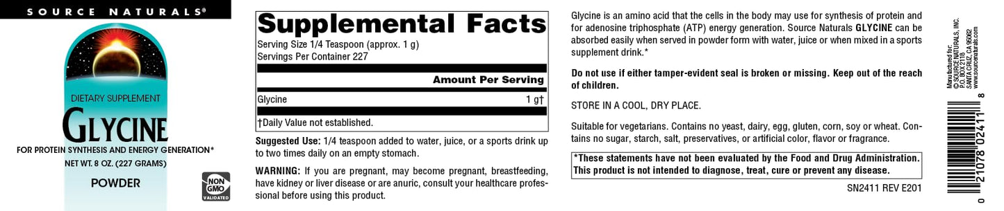 Source Naturals Glycine, for Protein Systhesis and Energy Generation*, 454 Grams - 8 oz Powder