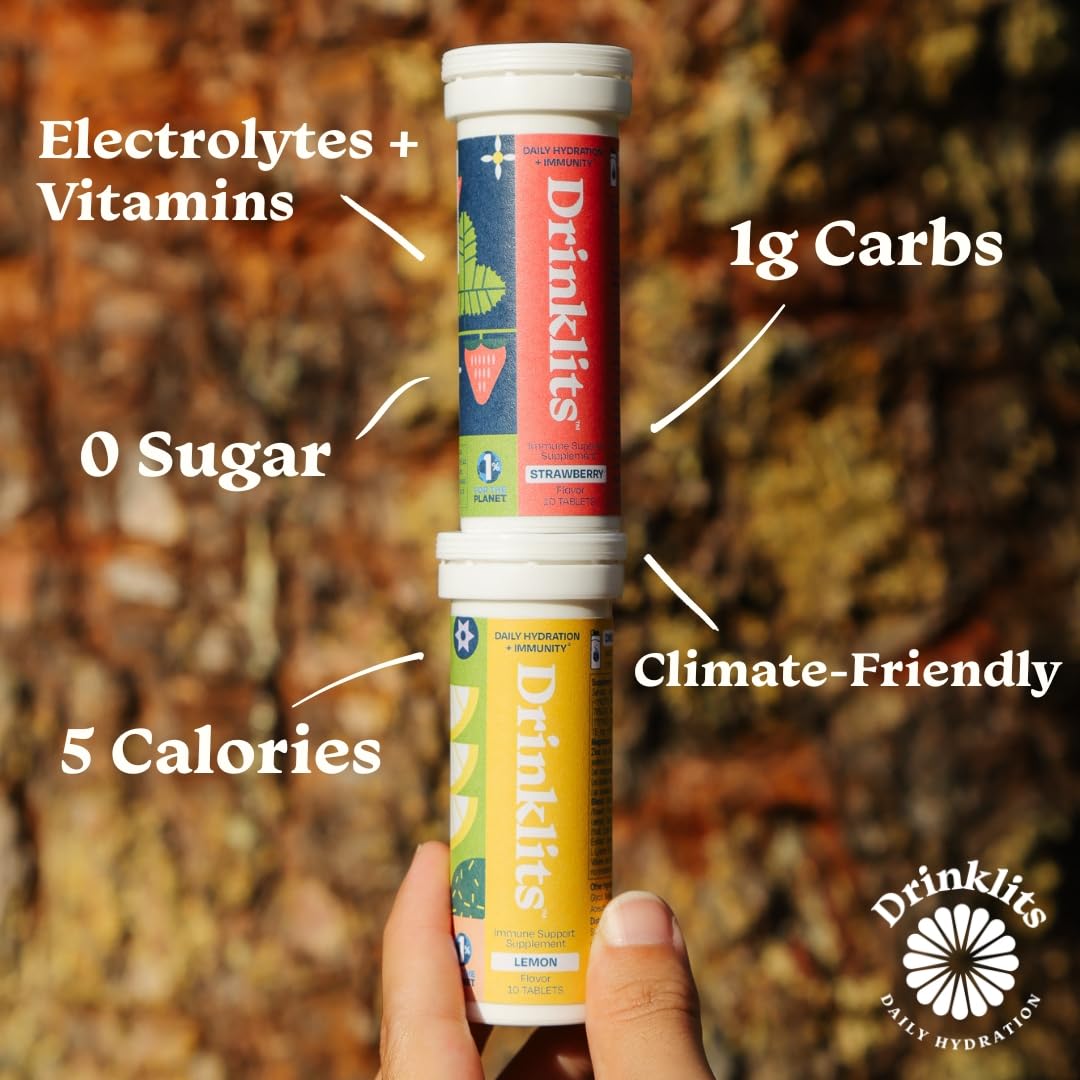 Drinklits Lemon & Strawberry Immunity Tablets with Vitamins, Electrolytes, and Botanicals (2) Tube Bundle (10 Tablets per Tube)