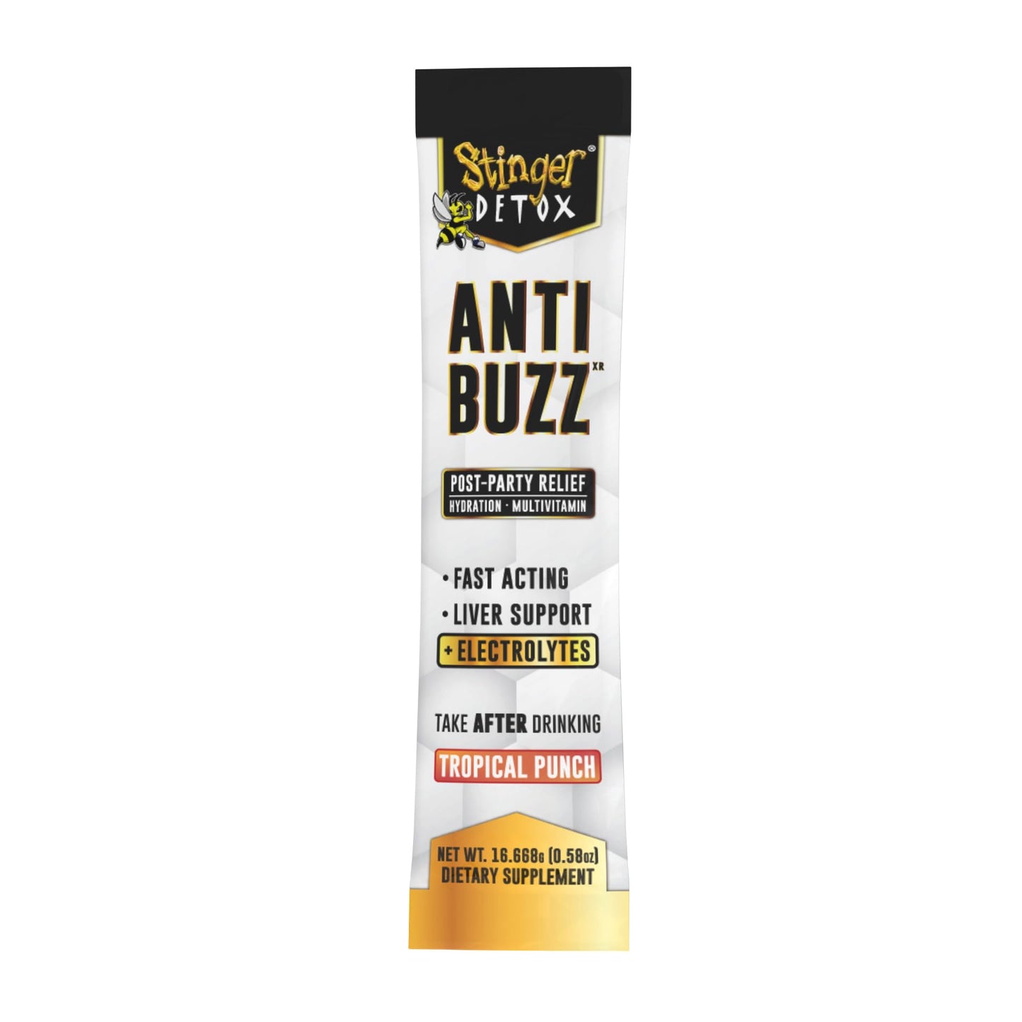Stinger Detox Anti-Buzz Post-Celebration, Hydration & Multivitamin Packet Drink Mix | DHM, VIT. B Complex, Riboflavin, Niacin + Electrolytes | Tropical Punch 1 Pack (6 Servings)