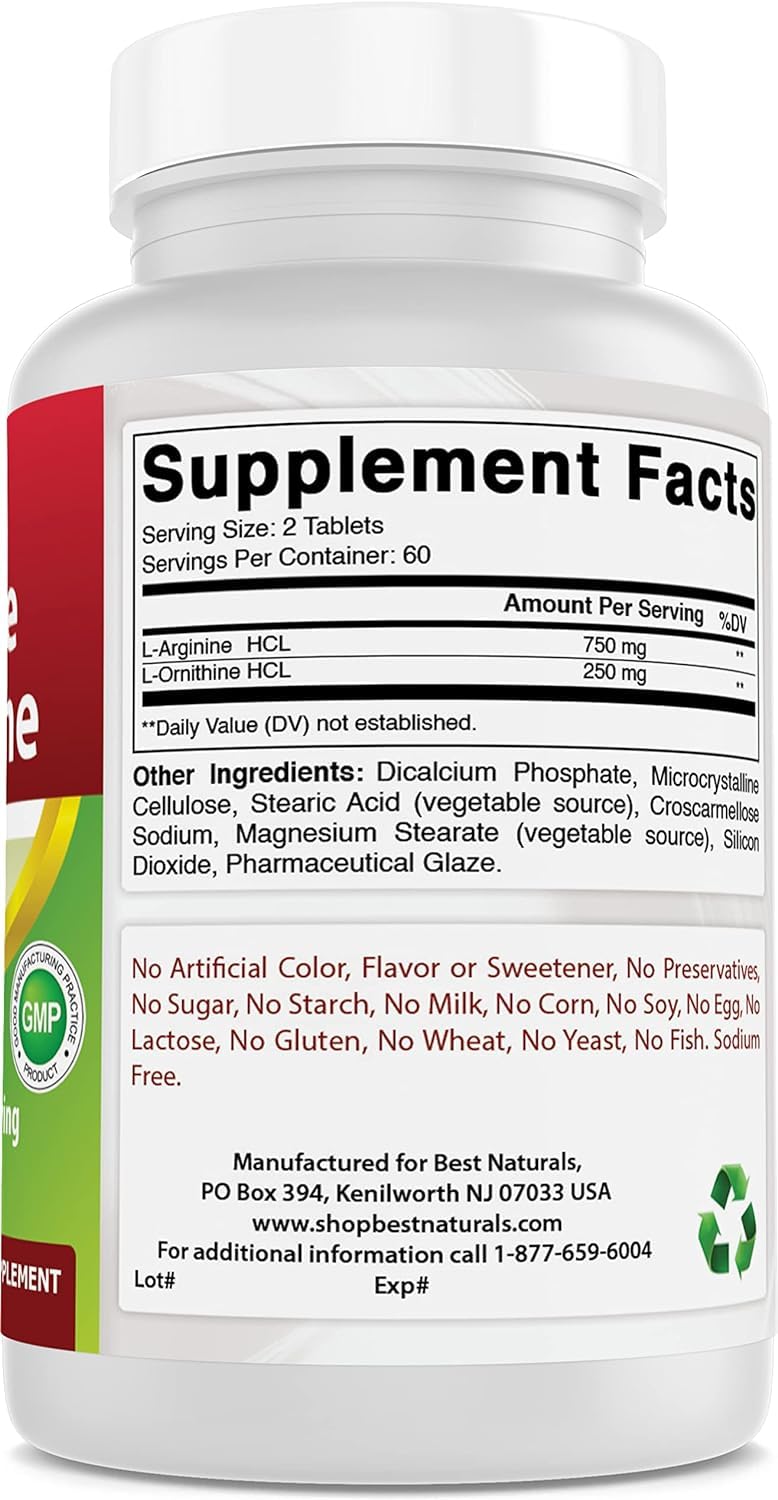 Best Naturals L-Arginine L-Ornithine - 1000mg per Serving - 120 Tablets - Non-GMO & Gluten Free (120 Count (Pack of 2))