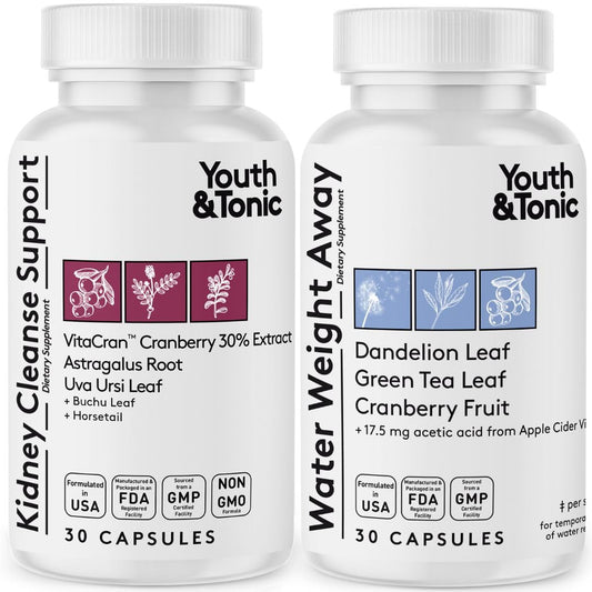 Youth & Tonic Daily Water Retention Pills for Kidney Cleanse Swelling and Excess Body Fluids & Metabolic Waste / 30 + 30 Capsules
