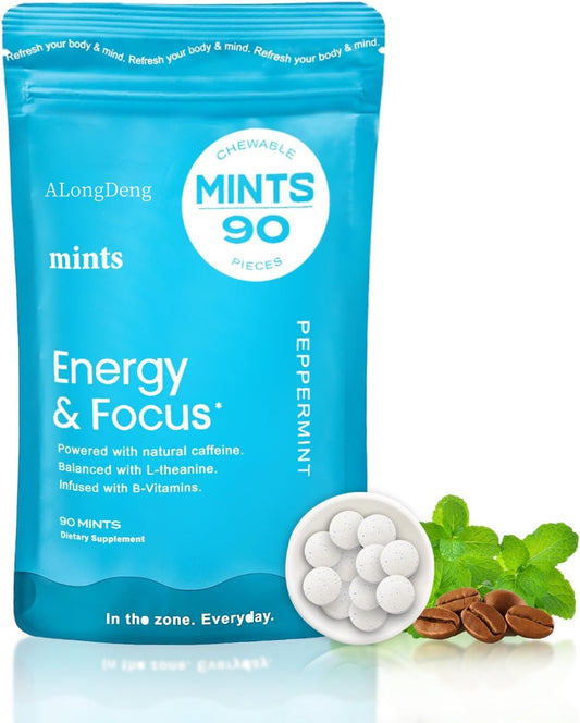 ALongDeng Energy Caffeine Mints with L-Theanine, Caffeine, Vitamin B12 & B6 - Nootropic Supplement for Energy and Focus（90 Pieces） F1