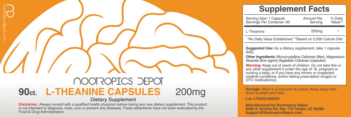 Nootropics Depot L-Theanine Capsules 200mg (90 Count) | Promotes Relaxation | Supports Healthy Stress Levels + Sleep Cycles | Promotes Cognitive Function + Focus | Amino Acid Supplement