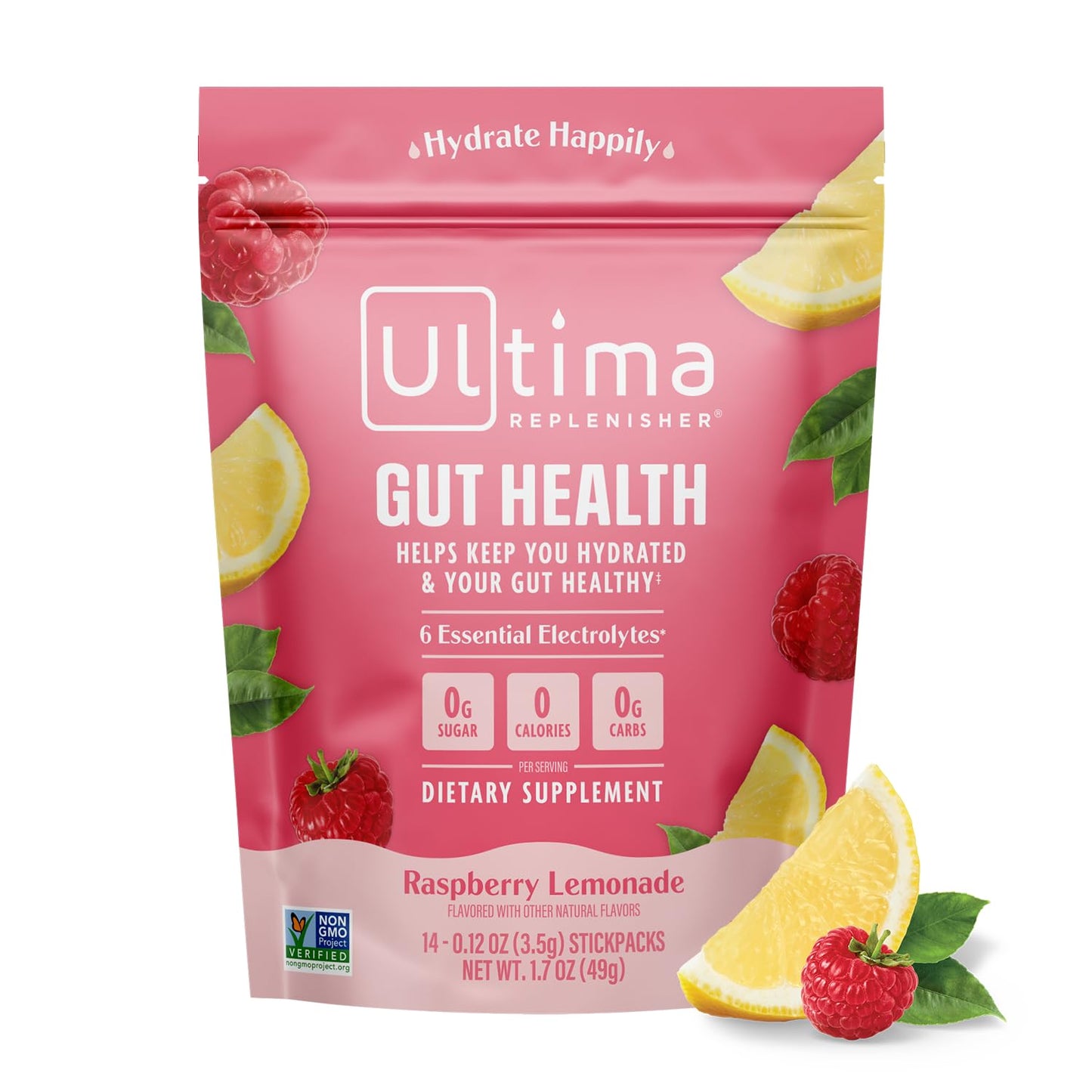 Ultima Replenisher Gut Health Supplement and Electrolytes Powder - Raspberry Lemonade, 14 Stickpacks - Hydration Packets with Added Gut Health Benefits
