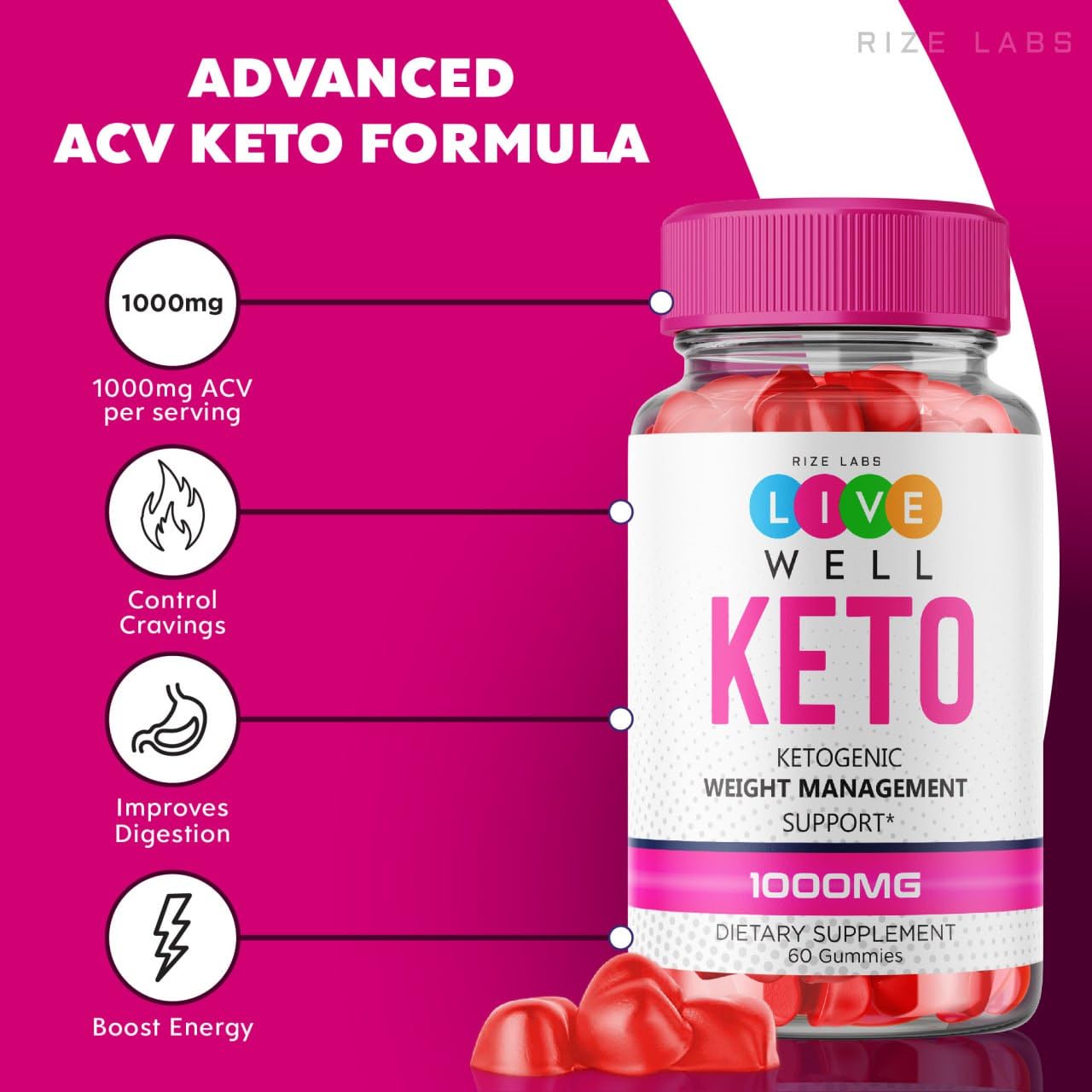 rize labs - Live Well Keto ACV Gummies for Weight Loss - Belly Fat Diet, Vegan, Advanced Formula (60 Gummies)