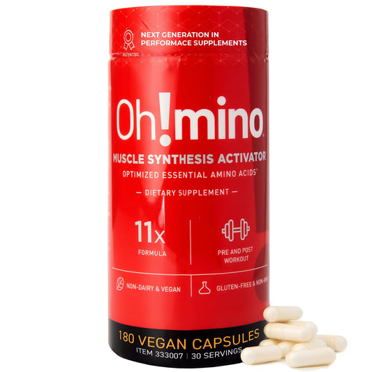 Oh!mino Amino Acids Supplement for Protein Synthesis - EAAs Capsules for Muscle Recovery, Pre & Post Workout - Caffeinated, Non Dairy, Vegan, Zero Sugar & Net Carbs (180-Count, 30 Servings)