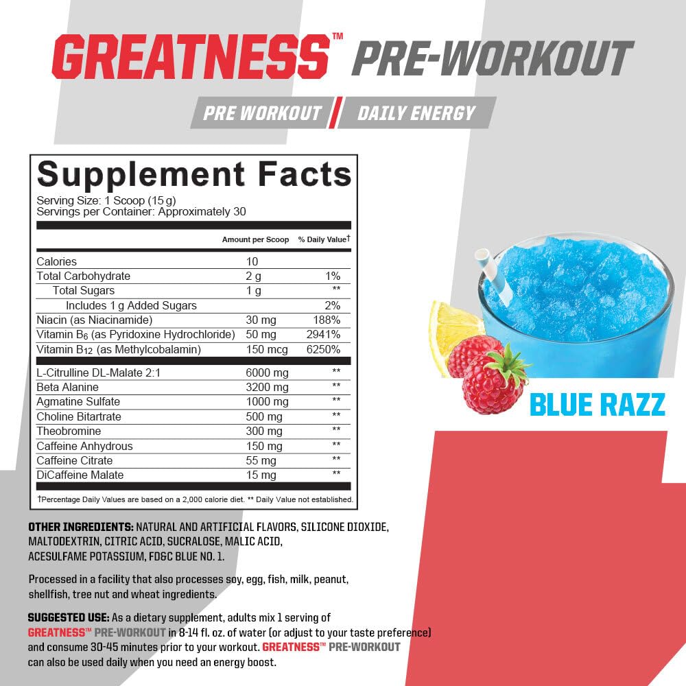 Undefined Nutrition Greatness Pre-Workout by Brian Shaw (30 Servings) - 6 g Citrulline Malate & 3.2 g Beta Alanine for Better Pumps, Energy, Focus and Strength for Men & Women (15.9 Oz, Blue Razz)