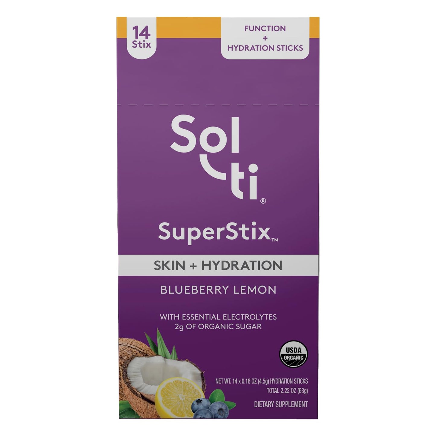 Sol-ti Organic Electrolyte Skin + Hydration Drink Mix, Superfood Hydration Sticks, SuperStix, Non-GMO, Vegan, Blueberry Lemon, 14 Single-Serving Sticks