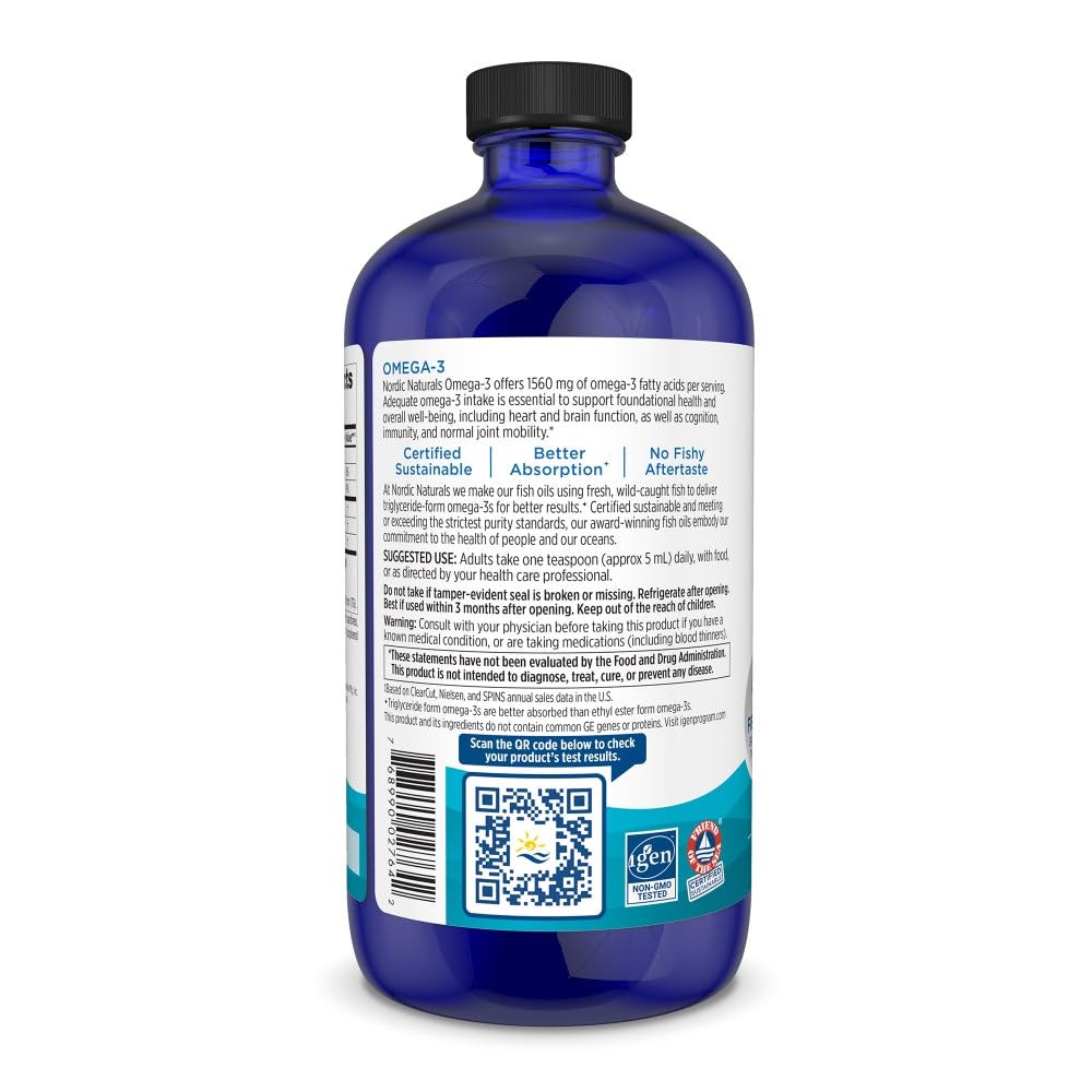 Nordic Naturals Omega-3, Lemon Flavor - 16 oz - 1560 mg Omega-3 - Fish Oil - EPA & DHA - Immune Support, Brain & Heart Health, Optimal Wellness - Non-GMO - 96 Servings