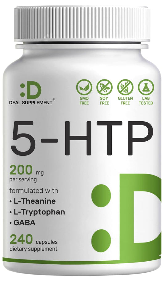 Deal Supplement 5-HTP 200mg Per Serving, 240 Capsules, 98% African Derived Griffonia Seed Extract | 4 in 1 Formula | Plus Active L Theanine, L Tryptophan, & GABA | Relaxation Support Supplement
