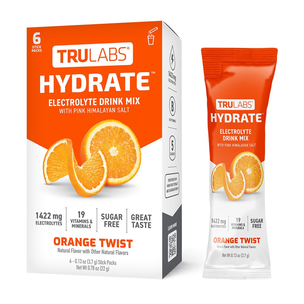 TRULABS Hydrate Orange Twist 6ct. Sugar Free Electrolytes Hydration Packets. Each Serving Contains 1422 mg of Electrolytes &19 Vitamins & Minerals.