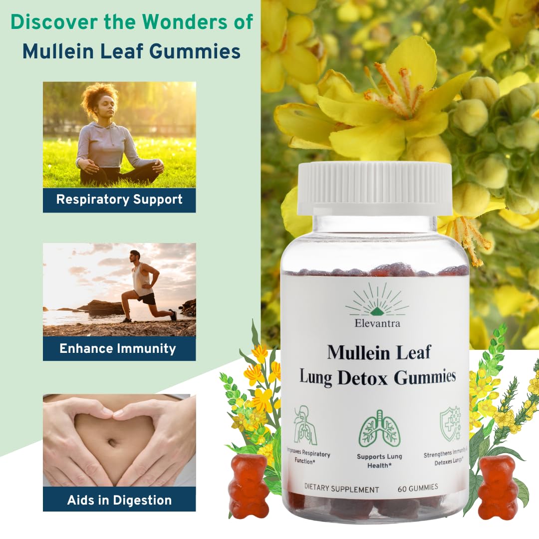 Mullein Leaf Lung Detox Gummies | Mullein Leaf Extract | Lung Detox for Smokers| Cleanser Detox | Mucus Relief | Mullein Extract | Lung Cleanse | Smoker Detox | Better Lungs | 1000 mg | Lung Health