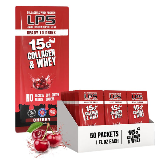 Nutritional Designs LPS Liquid Collagen & Whey Protein Supplement - Non-GMO Drink, Sugar-Free - Promotes Healthy Skin & Hair for Men & Women, Single Serve (Cherry, 50 Packets)